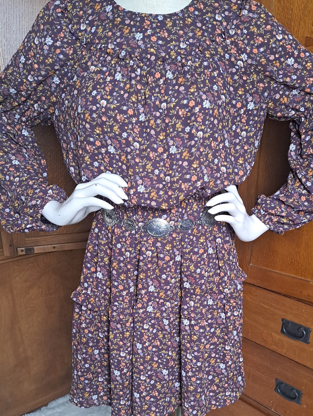 Current Air Anthropologie Floral Ruffle Mini Peasant Dress Purple Medium